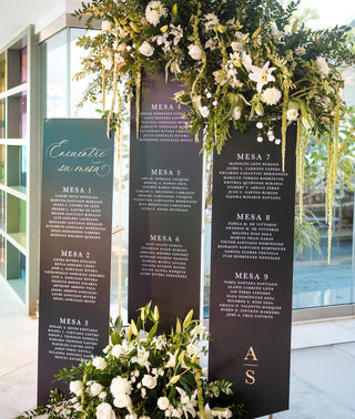 Wedding Seating Chart. 3 Pieces, black background and white text. Title: Find your seat.