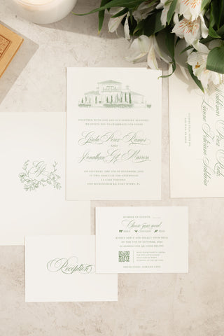 Wedding invitation suite featuring an illustration of La Casa Toscana venue, inspired by the Tuscan countryside and its rustic charm.