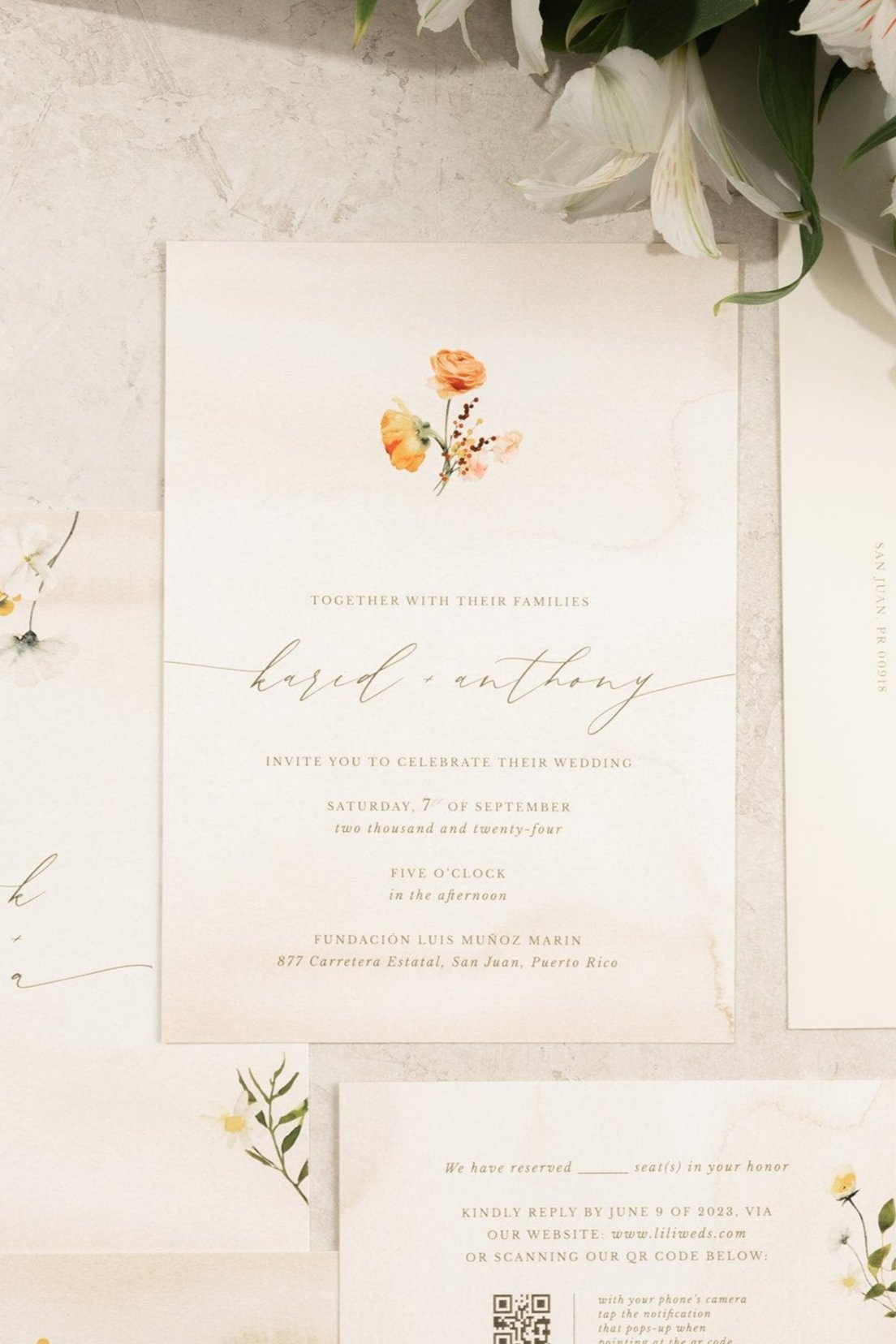 Elegant wedding invitation featuring hand-drawn florals with a customizable soft watercolor background inspired by a secret garden.