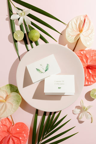 Tropical Greenery Wedding Place Card for Caribbean Destination Weddings. Includes Guest Name and Meal Selection