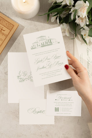Wedding invitation suite featuring an illustration of La Casa Toscana venue, inspired by the Tuscan countryside and its rustic charm.