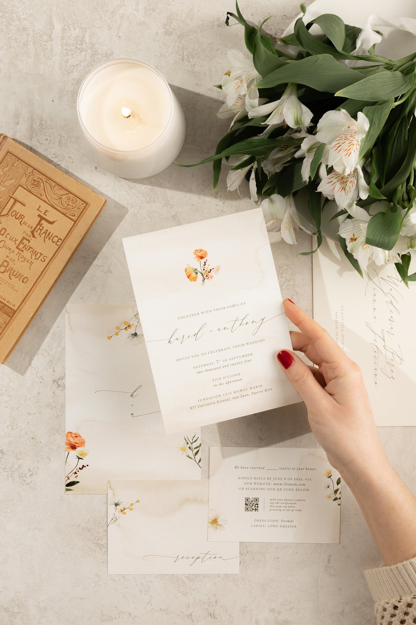 Elegant wedding invitation suite featuring hand-drawn florals with a customizable soft watercolor background inspired by a secret garden.