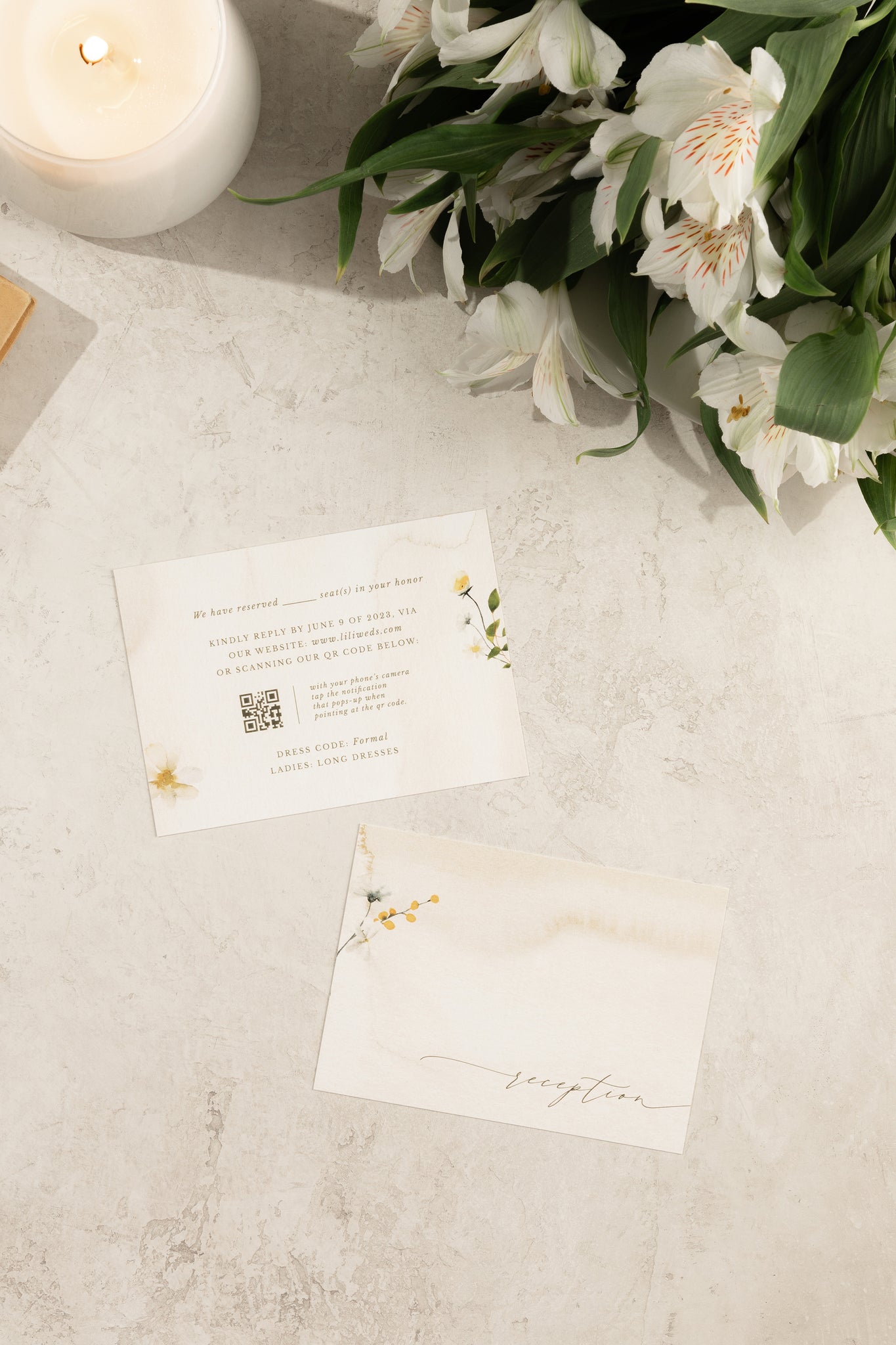 Elegant wedding RSVP Card featuring hand-drawn florals with a customizable soft watercolor background inspired by a secret garden.