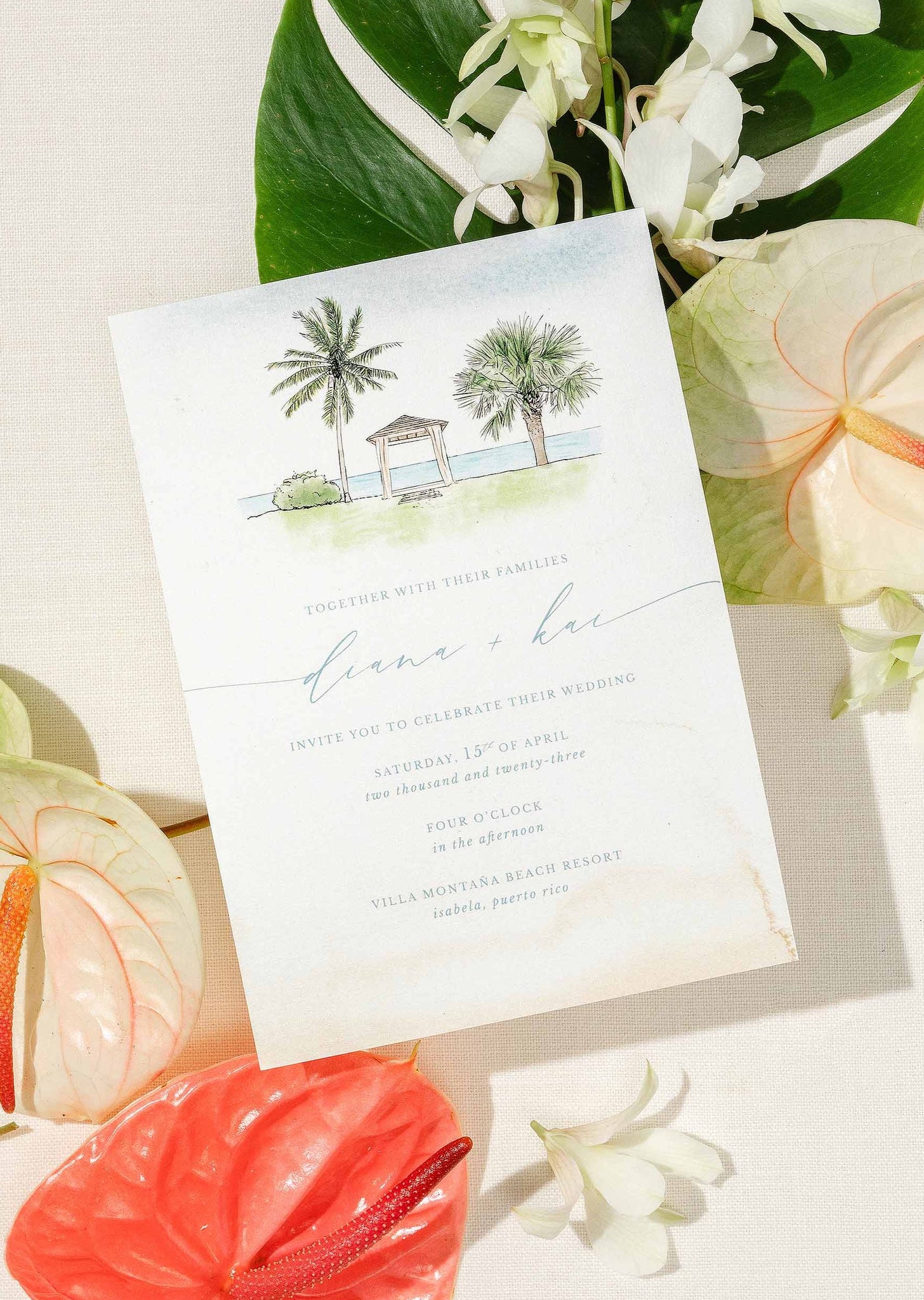 Wedding Invitation of Beach Front Illustration for a Caribbean Destination Wedding 