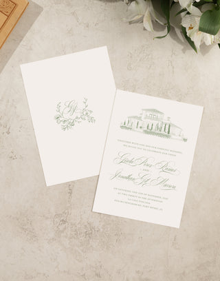 Wedding invitation card, front and back, featuring an illustration of La Casa Toscana venue, inspired by the Tuscan countryside and its rustic charm.