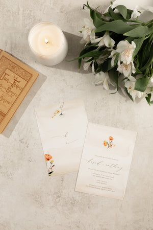 Elegant front and back wedding invitation featuring hand-drawn florals with a customizable soft watercolor background inspired by a secret garden.