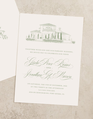 Wedding invitation close-up featuring an illustration of La Casa Toscana venue, inspired by the Tuscan countryside and its rustic charm.