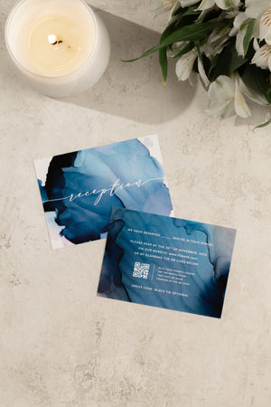 Abstract ocean-inspired watercolor wedding RSVP Card with customizable ombre watercolor background in soft blues and sea tones.