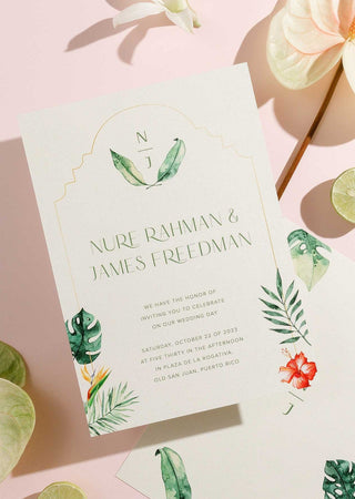 Tropical Greenery Wedding Invitation for Caribbean Destination Weddings 