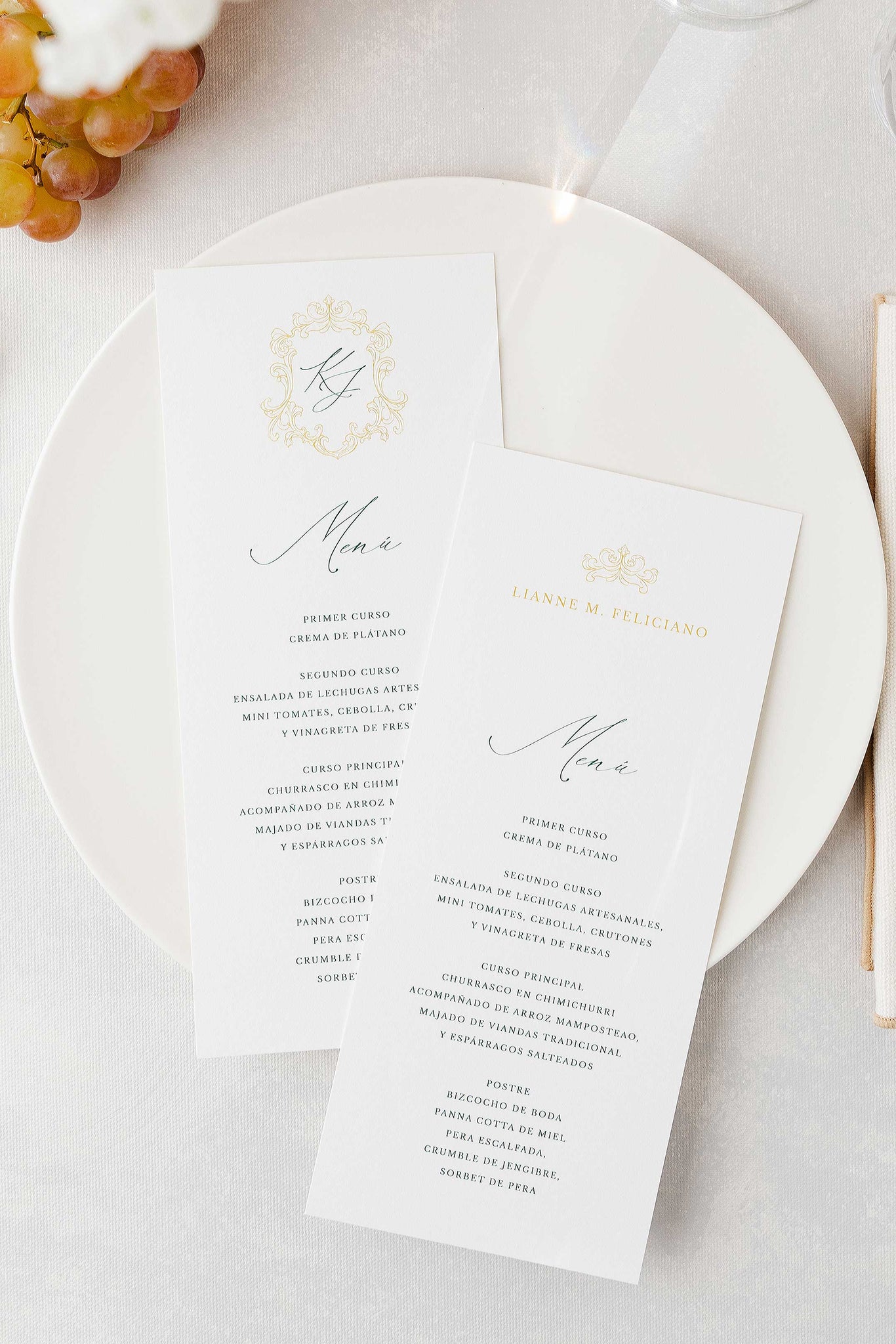 Elegant Wedding Dinner Menu with Royal Monogram based in Bride's Wedding Dress