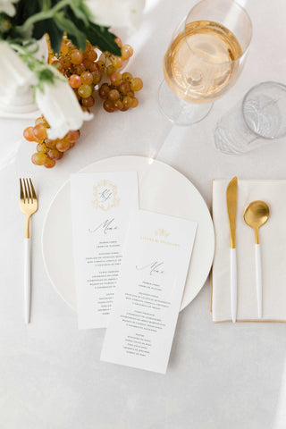Elegant Wedding Dinner Menu with Royal Monogram based in Bride's Wedding Dress