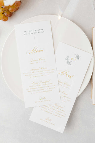 Wedding Dinner Menu with Bride and Groom Monogram surrounded by a wedding crest.