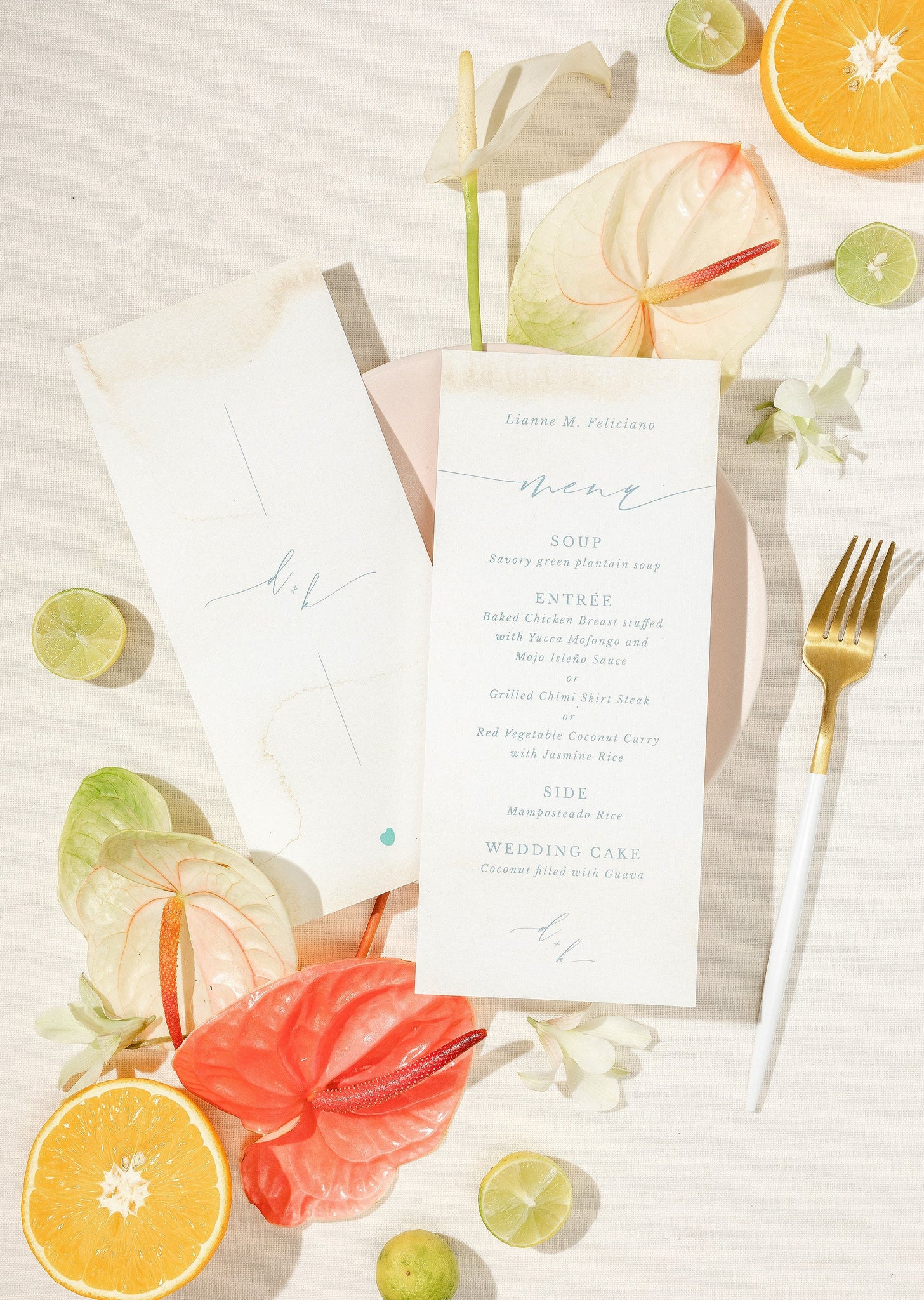 Wedding Dinner Menus with subtle watercolor elements and guest meal options