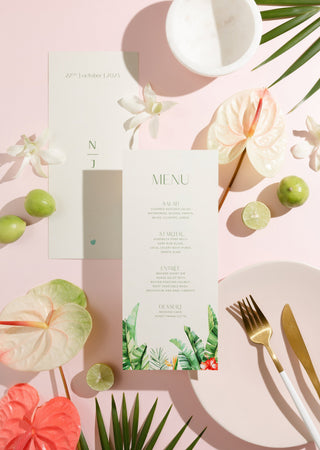 Tropical Greenery Wedding Dinner Menu for Caribbean Destination Weddings