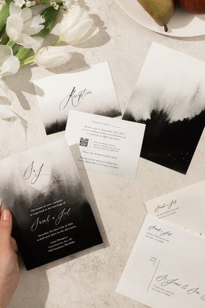 Deeply colored ombre-style watercolor wedding invitation suite with bold, abstract shapes for a unique and modern look.