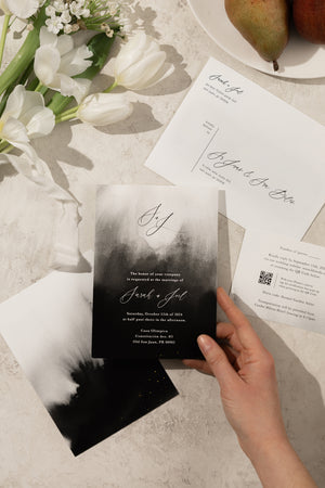 Deeply colored ombre-style watercolor wedding invitation suite with bold, abstract shapes for a unique and modern look.