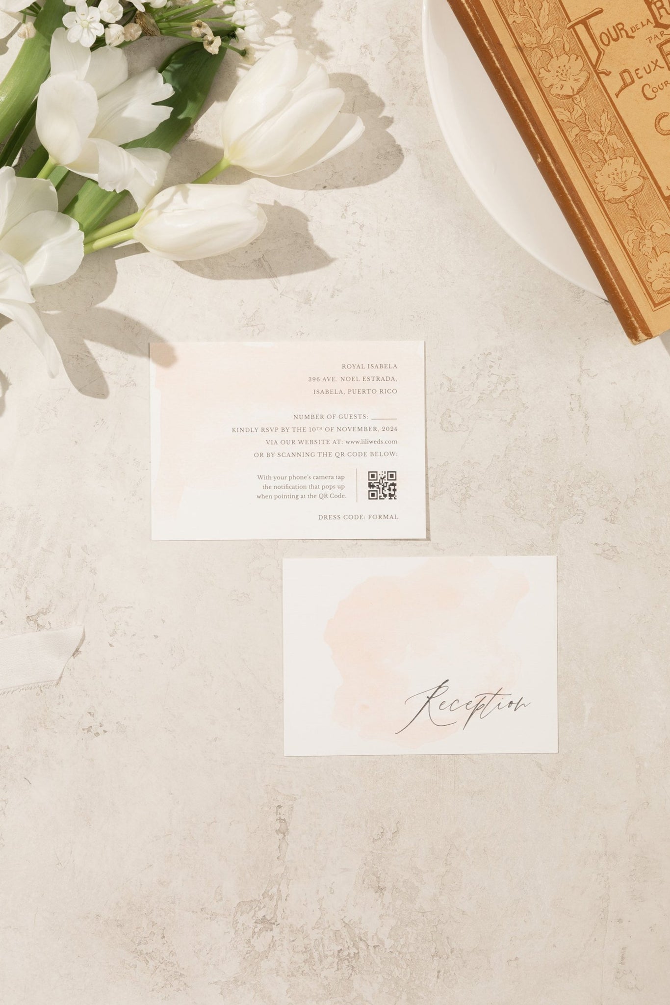 Minimal and romantic wedding RSVP Card with a subtle ombre watercolor design in delicate, soft tones.