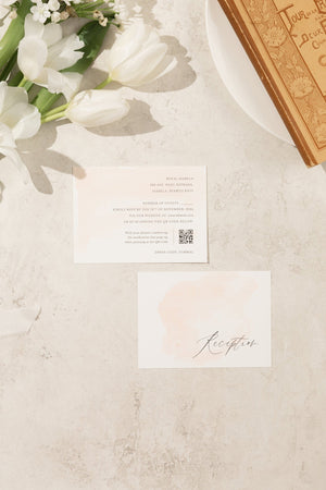 Minimal and romantic wedding RSVP Card with a subtle ombre watercolor design in delicate, soft tones.