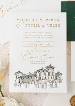 Wedding Invitation with an Illustration of Casa de España located in Old San Juan Puerto Rico.