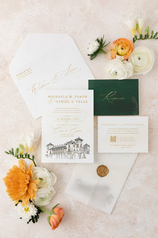 Wedding Invitation Suite with an Illustration of Casa de España located in Old San Juan Puerto Rico.