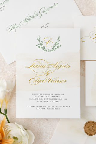 Hand-drawn floral monogram wedding invitation card with a customizable soft watercolor background, perfect for a romantic event.