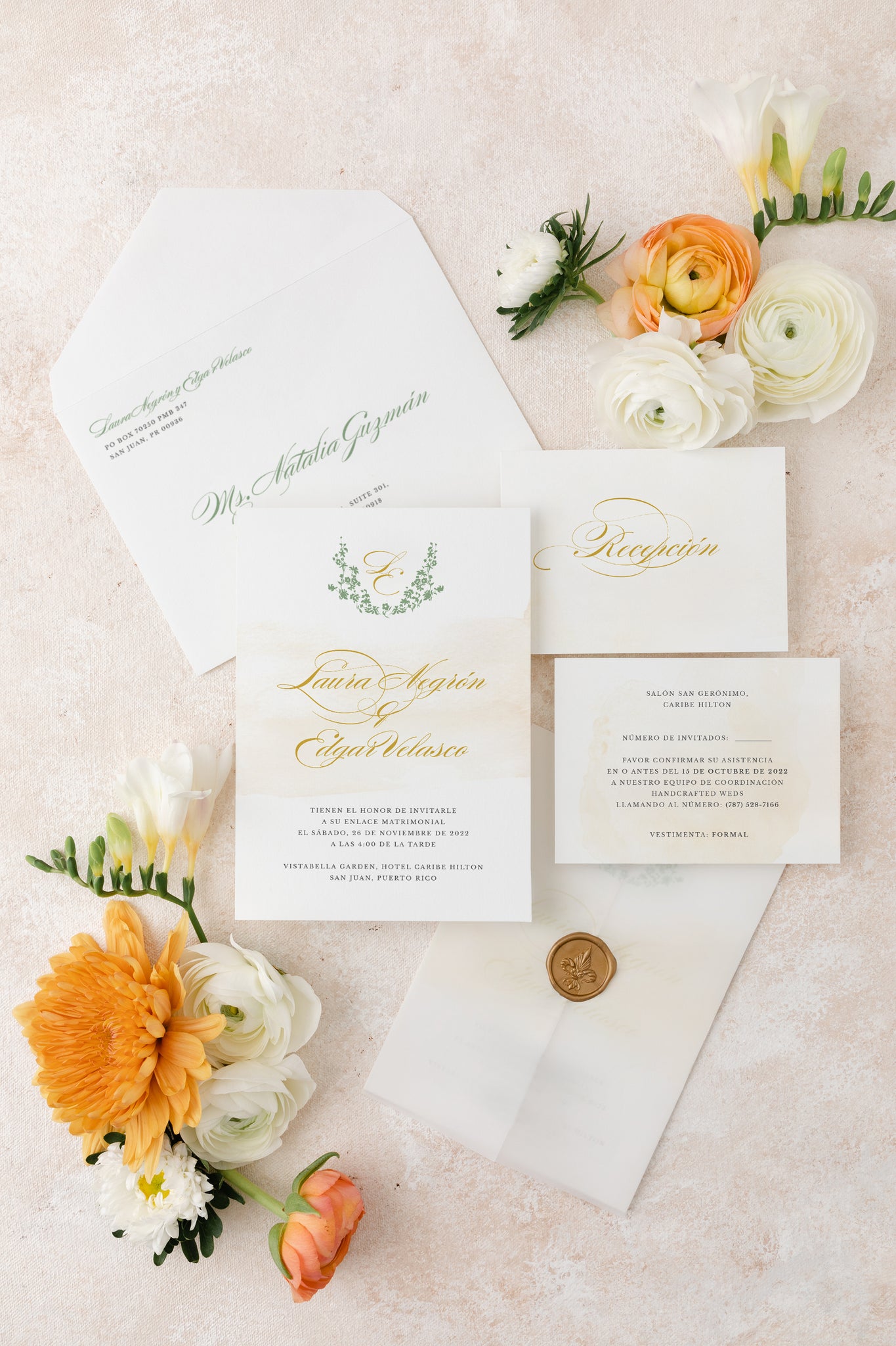 Hand-drawn floral monogram wedding invitation suite with a customizable soft watercolor background, perfect for a romantic event.