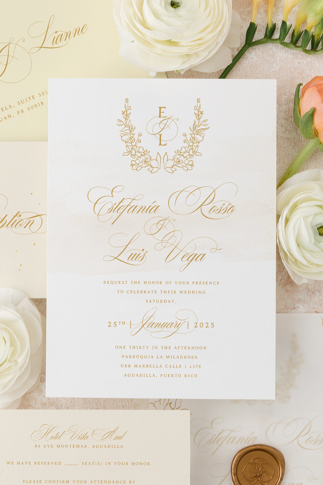 Sophisticated wedding invitation card featuring a monogram inspired by bridal gown details, with a hand-drawn font created by our art director.