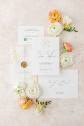 Wedding Invitation Suite with Regal Monogram inspired on the Bridal Wedding Dress