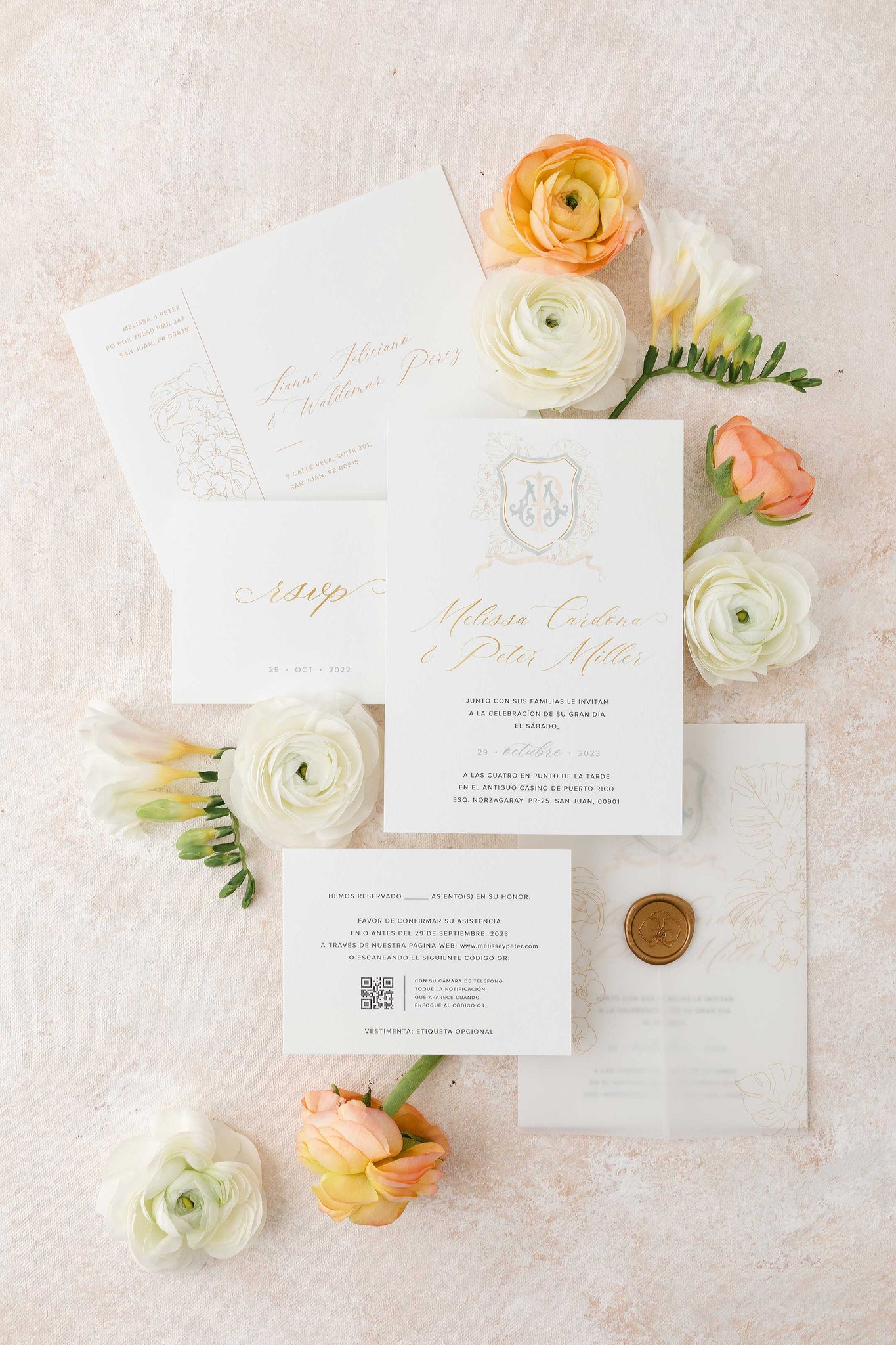 Wedding Invitation with Tropical Monogram inspired on the Wedding Decor with Orchids and Monstera Leaves