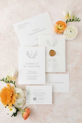 Minimalist Wedding Invitation Suite with Eucalyptus Leaves Monogram inspired on the Wedding Decoration