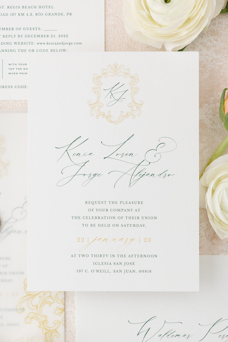 Wedding Invitation with Regal Monogram inspired on the Bridal Wedding Dress