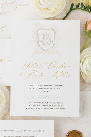 Wedding Invitation with Tropical Monogram inspired on the Wedding Decor with Orchids and Monstera Leaves