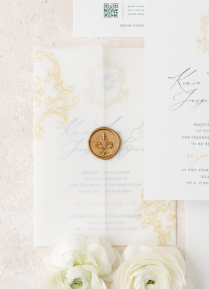 Elegant Wedding Invitation with Vellum Gates and Wax Seal