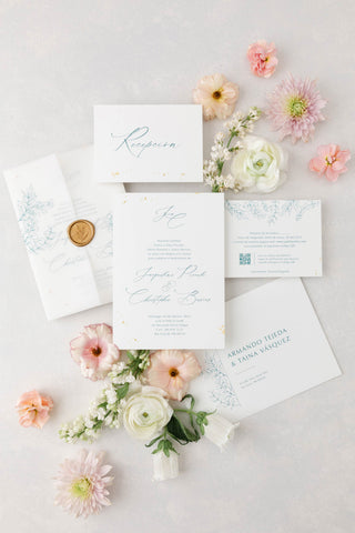 Wedding Invitation Suite featuring the couples monogram in the front and an Illustration of Hacienda Siesta Alegre on the beck.