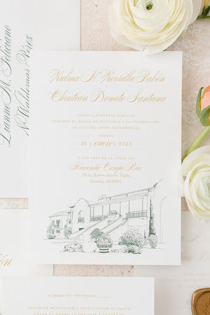 Wedding Invitation with Illustration of Hacienda Campo Rico, a Puerto Rico Venue located in Carolina